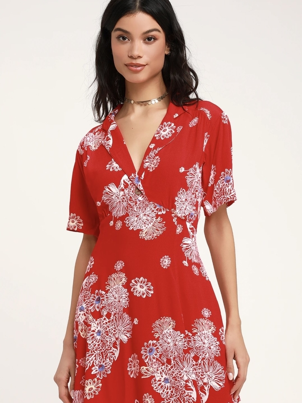 Free People Blue Hawaii Red Floral Print Short Sleeve Mini Dress Sx Xs